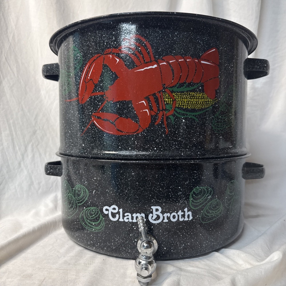 Speckled Enamel Black Double Steam Pot 15" Lobster Boil Broth Spigot 3 Pc  Lo Co